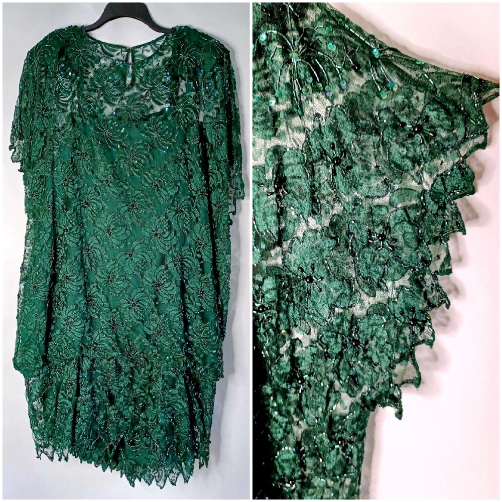 Deep Emerald Green Lace Set Event Attire top Skirt Plus Size 4X EUC